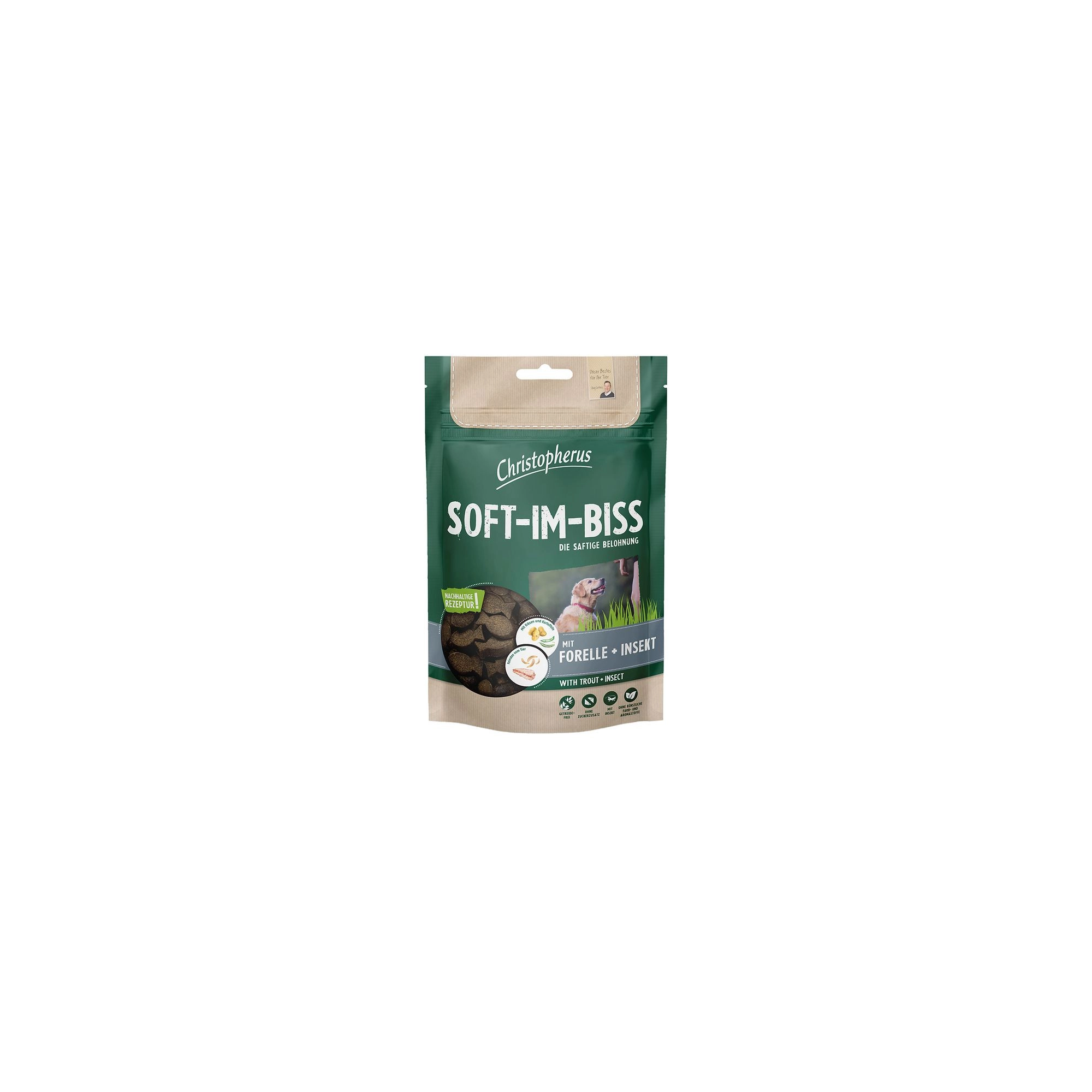 Christopherus Dog Jutalomfalat Grain Free Soft-Im-Biss Pisztráng és rovar 125g