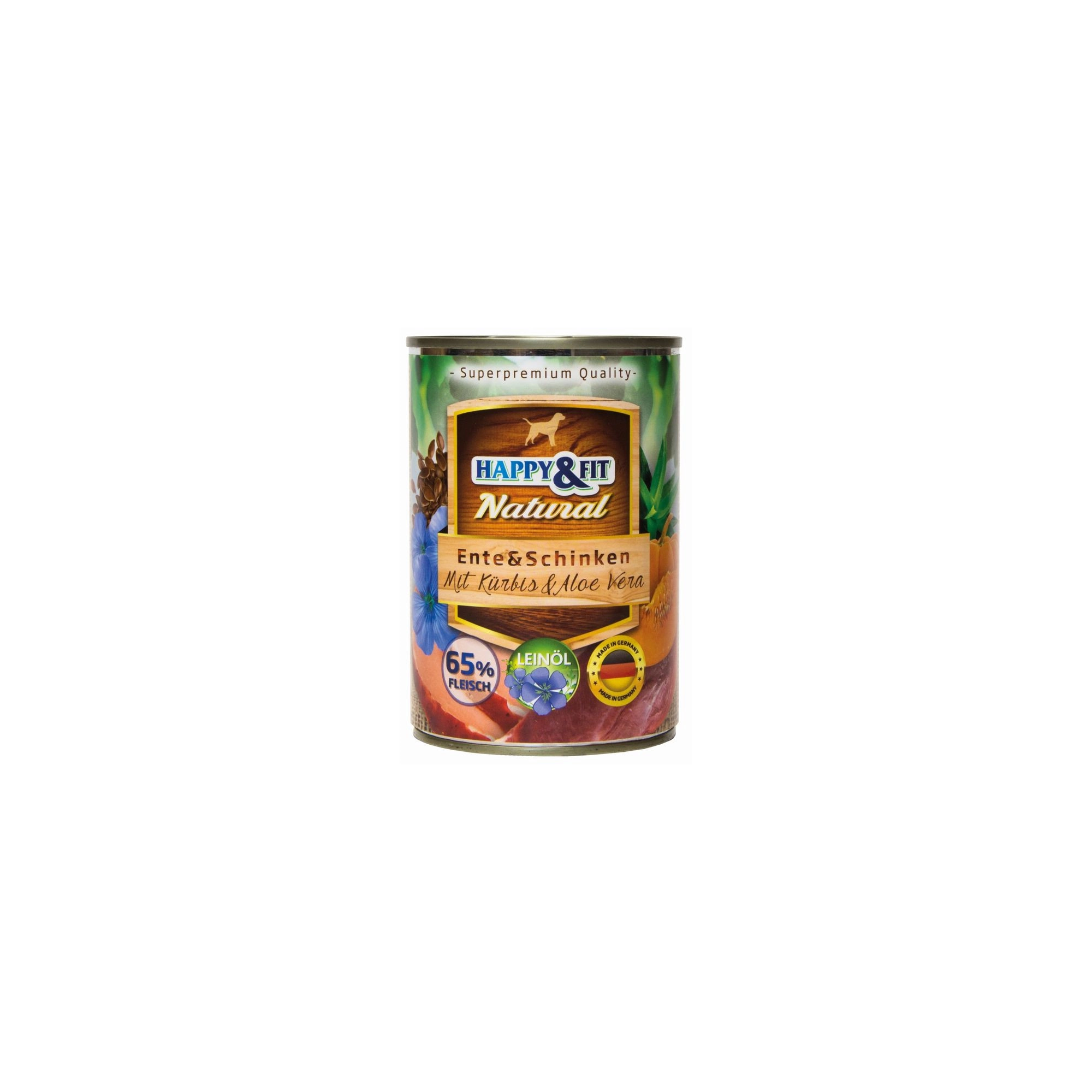 Happy&Fit Natural Dog konzerv kacsa, sonka sütőtökkel és aloe verával 400g