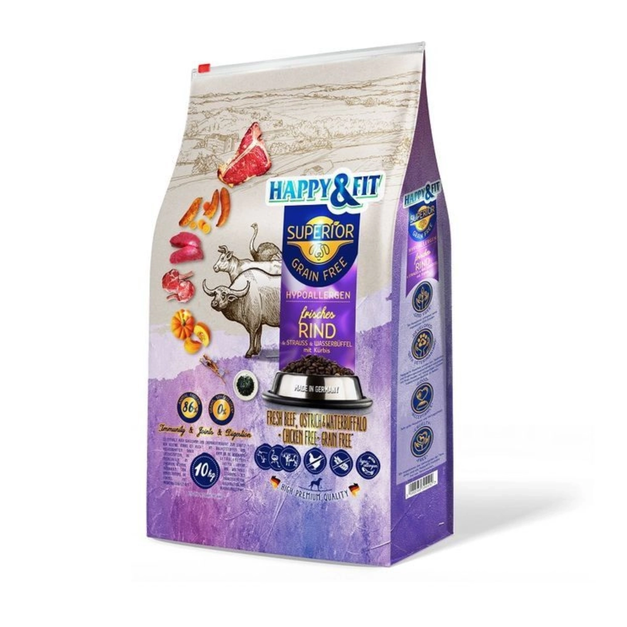 Happy&Fit Superior Hipoallergén, Gabonamentes Friss marha, strucc, vízibivaly, sütőtökkel 10kg