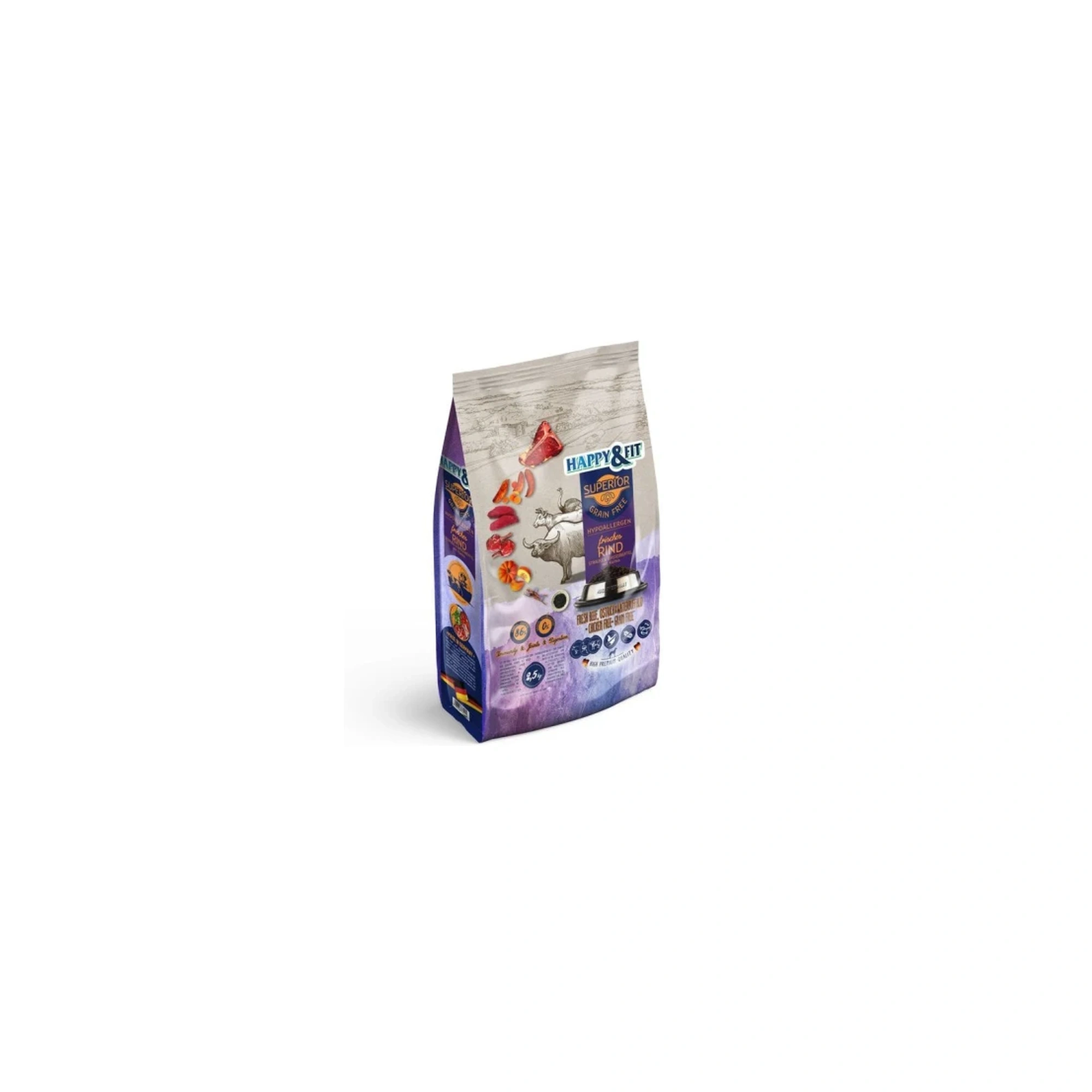 Happy&Fit Superior Hipoallergén, Gabonamentes Friss marha, strucc, vízibivaly, sütőtökkel 2,5kg