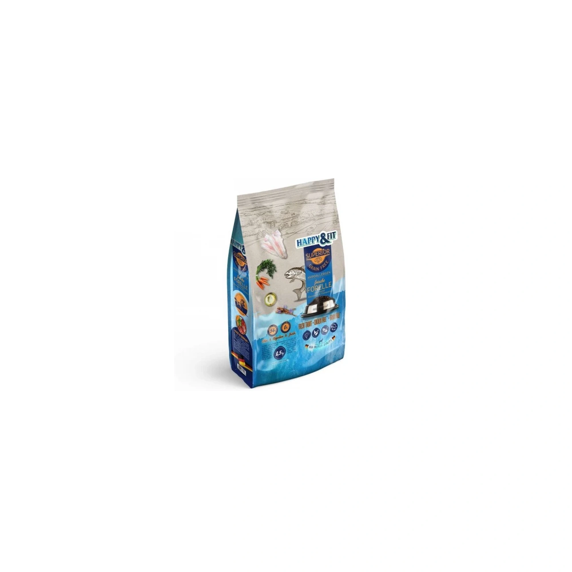 Happy&Fit Superior Hipoallergén, Gabonamentes Pisztráng, halolajjal, glükozaminnal 2,5kg