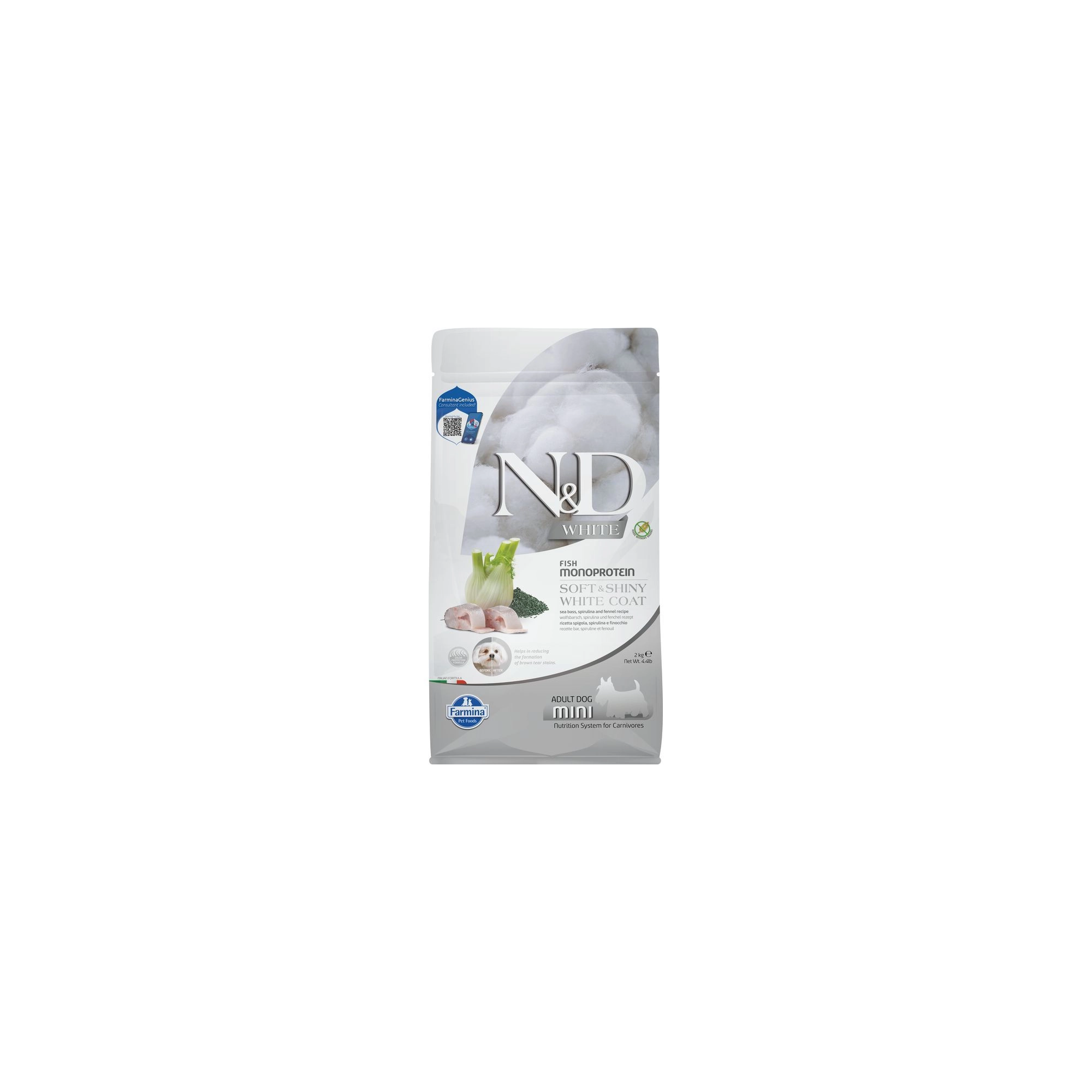 N&D Soft&Shiny White Coat Dog tengeri sügér, spirulina&édeskömény adult mini 2kg