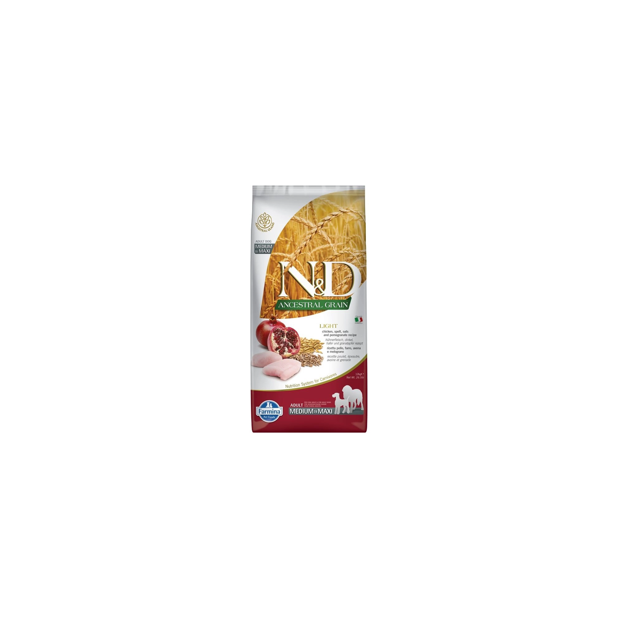 N&D Dog Ancestral Grain csirke, tönköly, zab&gránátalma adult light medium/maxi 12kg