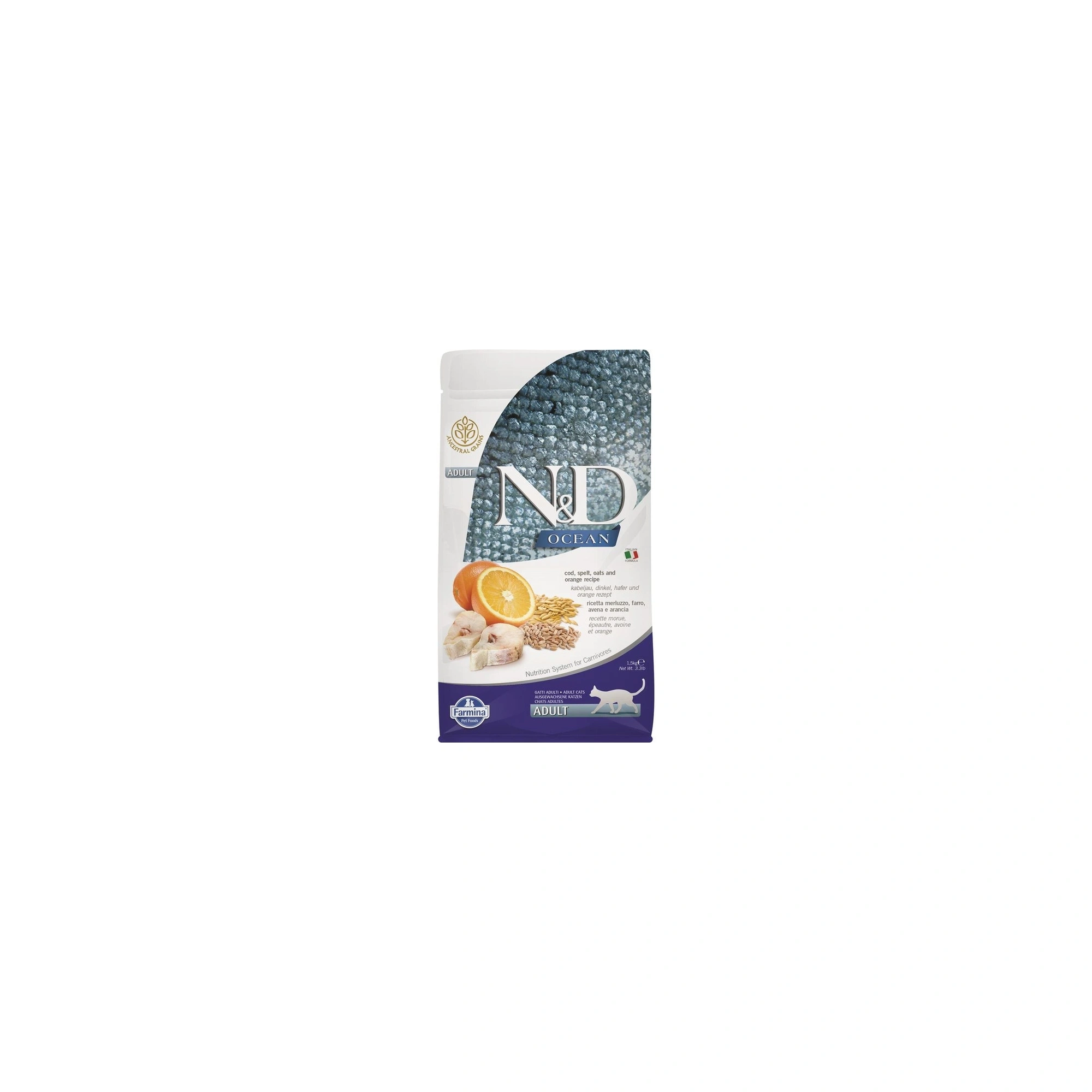 N&D Cat Ocean tőkehal, tönköly, zab & narancs adult 1,5kg