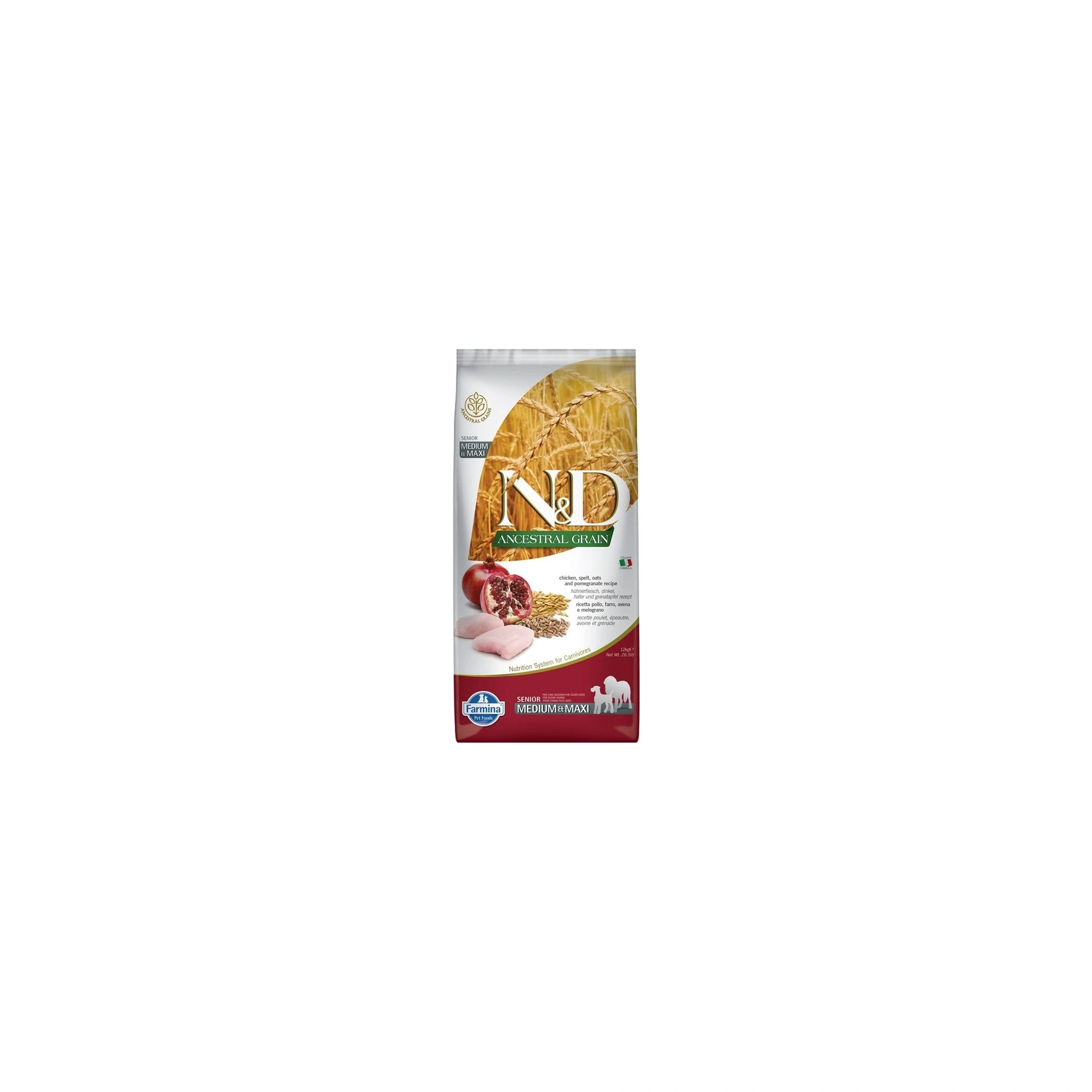 N&D Dog Ancestral Grain csirke, tönköly, zab & gránátalma senior medium & maxi 12kg