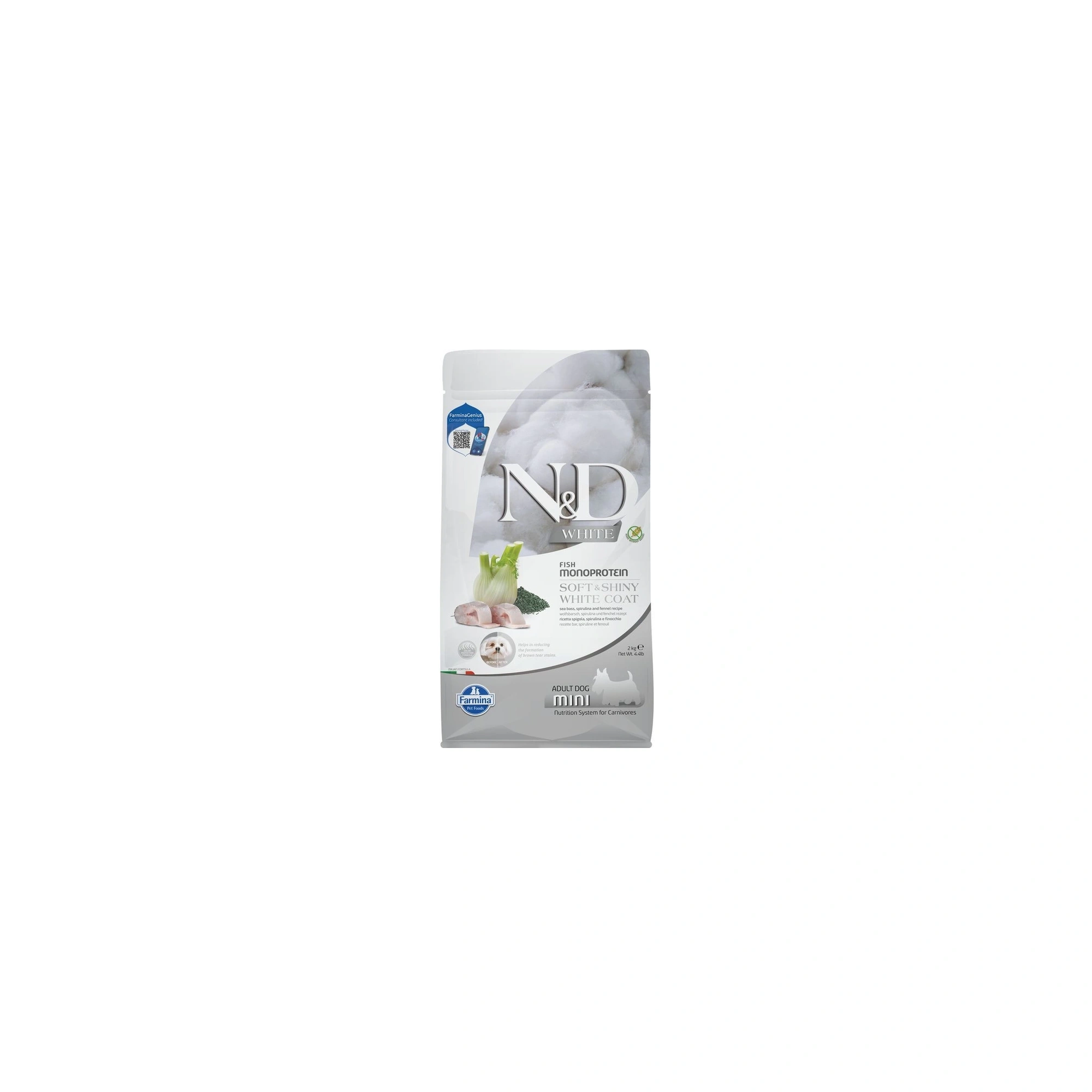 N&D Soft&Shiny White Coat Dog tengeri sügér, spirulina&édeskömény adult mini 2kg