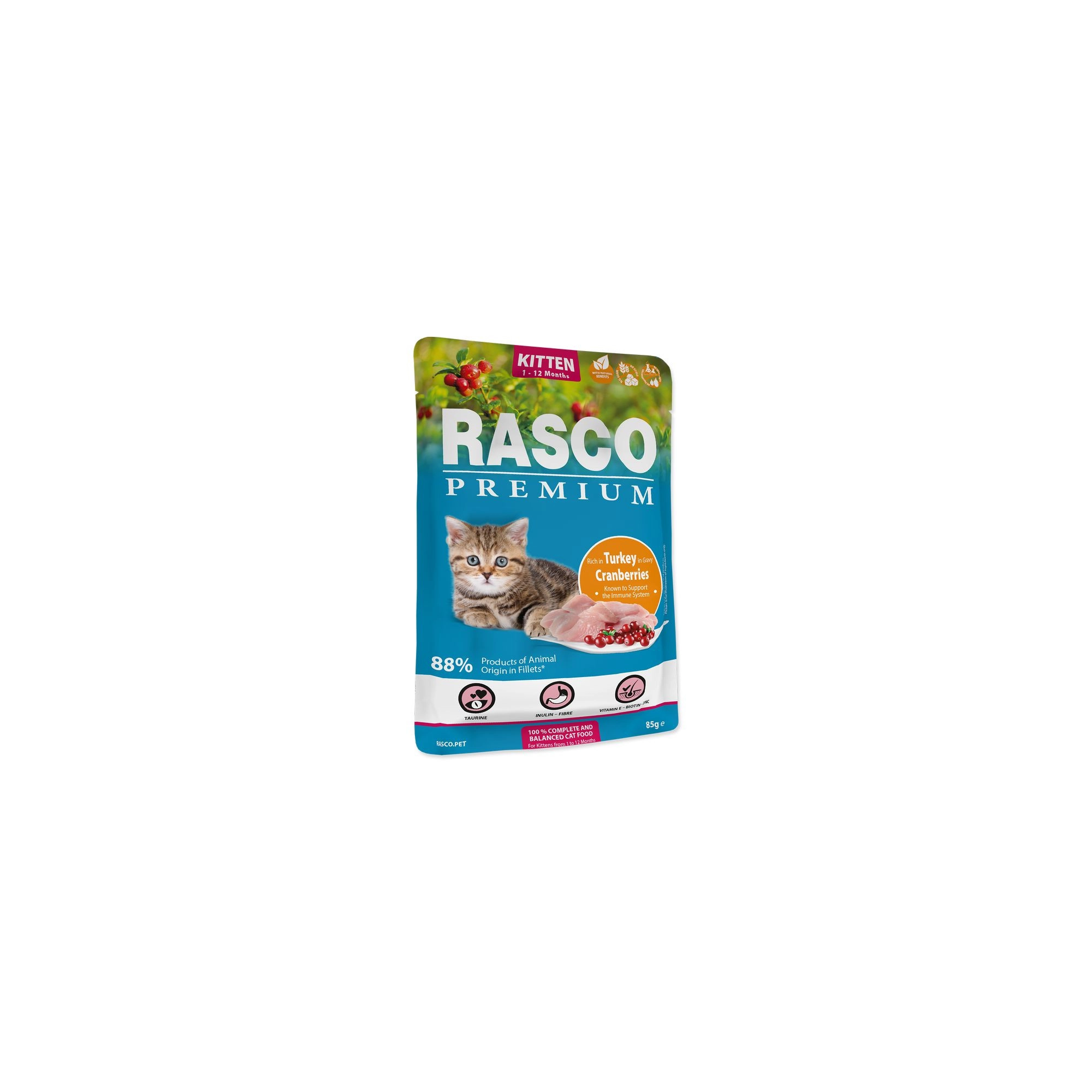 Rasco Premium Cat alutasak Kitten Pulyka&Vörös áfonya 85g