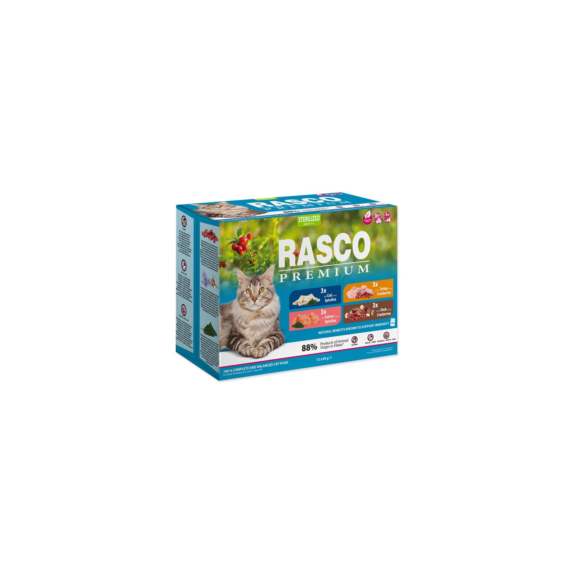 Rasco Premium Cat Alutasak Multipack Sterilized Lazac,Tőkehal,Kacsa,Pulyka 12x85g