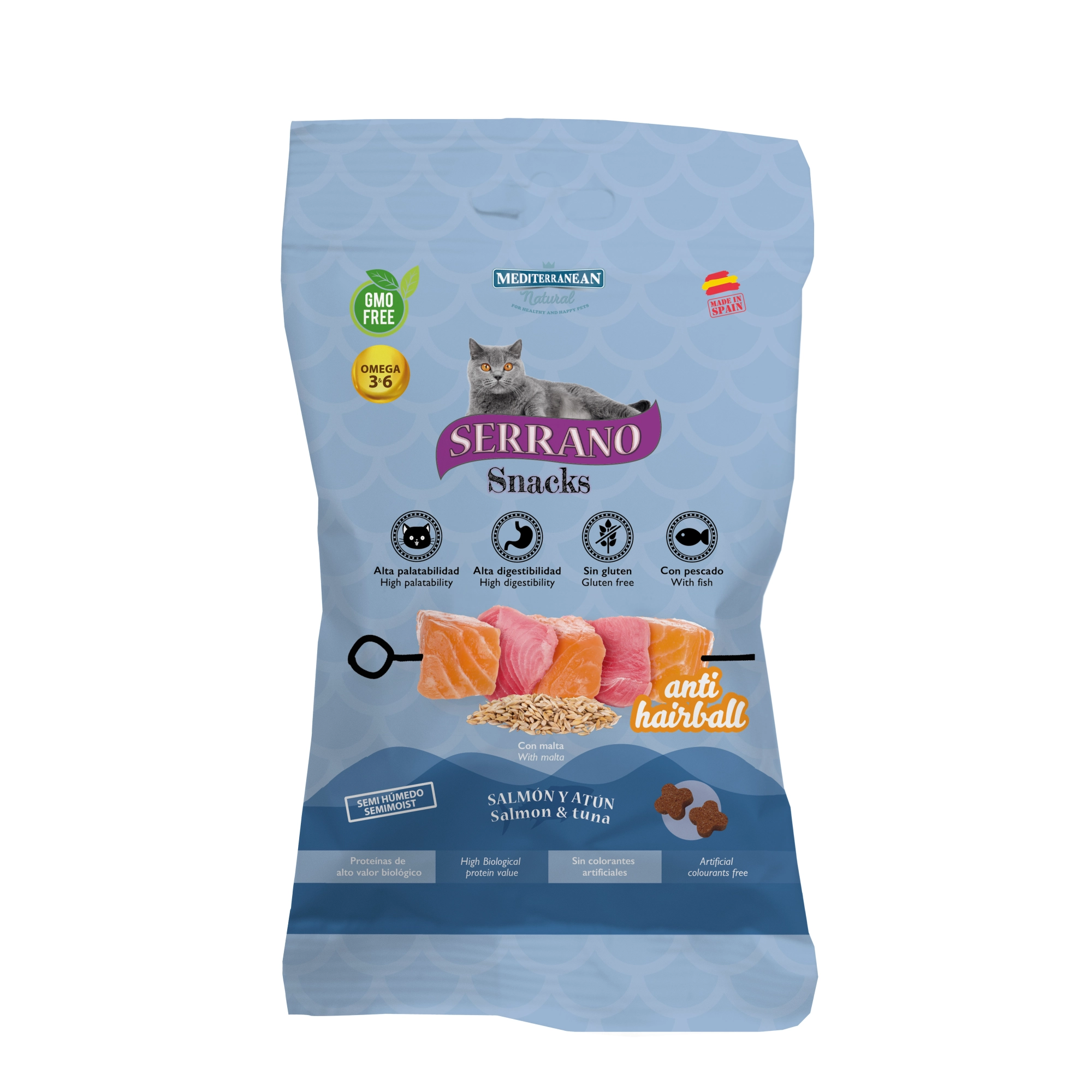 Serrano Snacks Macskáknak Anti Hairball szőrlabda ellen Lazaccal és Tonhallal 50g