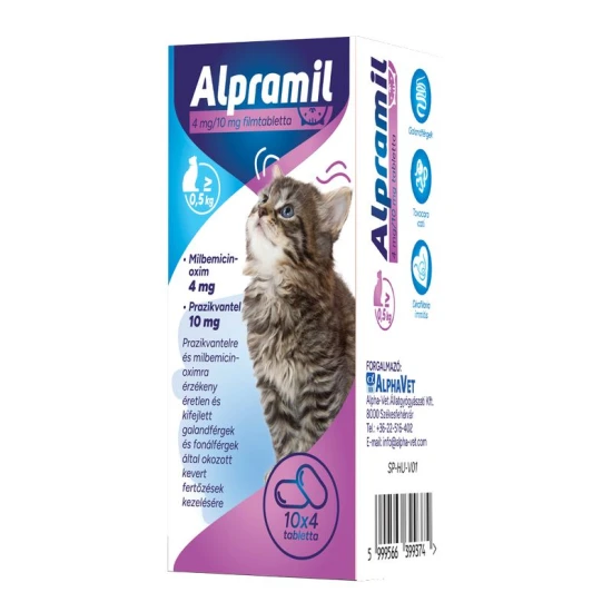 Alpramil 4 mg/10 mg filmtabletta legalább 0,5 kg testtömegű macskáknak 10x4 tabletta