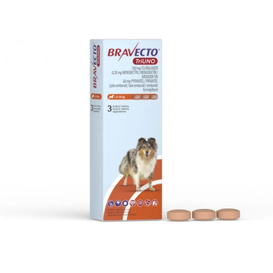Bravecto TriUNO 100mg rágótabletta kutyák számára 5-10kg 3x1 tabletta