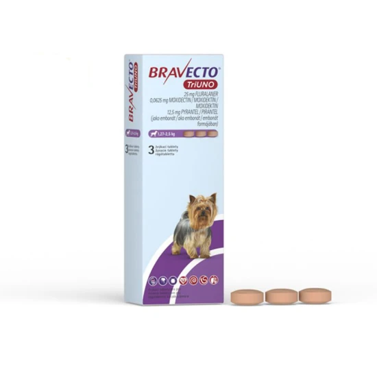 Bravecto TriUNO 25mg rágótabletta kutyák számára 1,27-2,5kg 3x1 tabletta