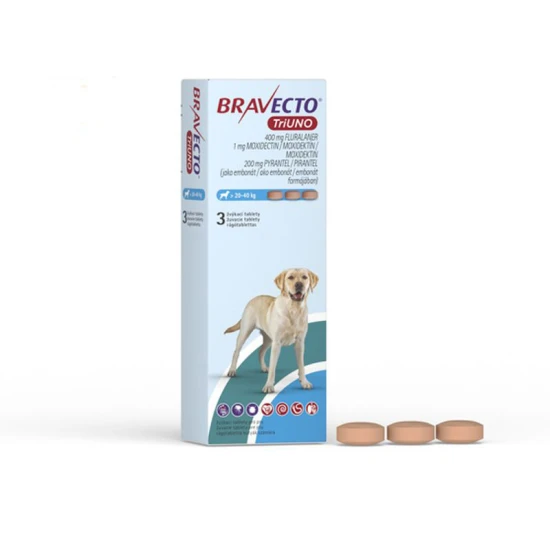 Bravecto TriUNO 400mg rágótabletta kutyák számára 20-40kg 3x1 tabletta