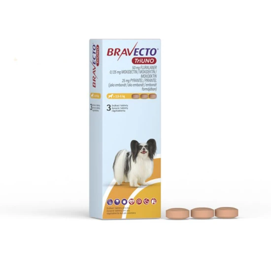 Bravecto TriUNO 50mg rágótabletta kutyák számára 2,5-5kg 3x1 tabletta