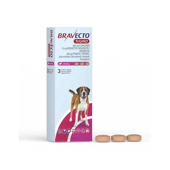 Bravecto TriUNO 600mg rágótabletta kutyák számára 40-60kg 3x1 tabletta