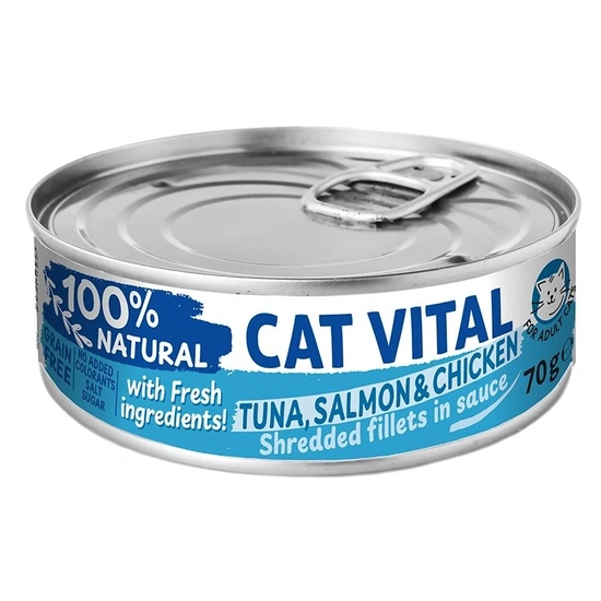 Cat Vital konzerv tonhal, lazac és csirkefilé falatok felnőtt macskáknak szószban 70g