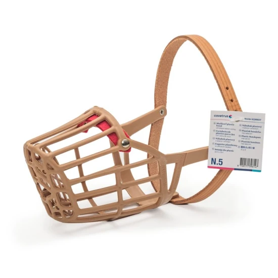 Műanyag kutya szájkosár bőrszíjjal 5. méret, Körméret: 30 cm, Hossz: 10 cm