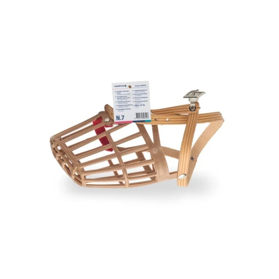 Műanyag kutya szájkosár bőrszíjjal 7. méret, Körméret: 37 cm, Hossz: 13 cm