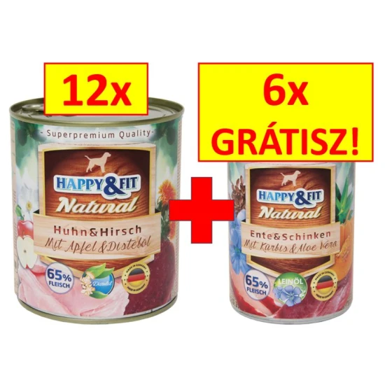 Happy&Fit Natural Dog Konzerv Csirke&Szarvas 800g + 6db kacsa&sonka 400g ajándék