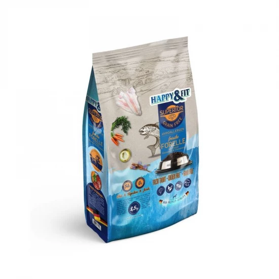 Happy&Fit Superior Hipoallergén, Gabonamentes Pisztráng, halolajjal, glükozaminnal 2,5kg