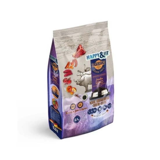 -Happy&Fit Superior Hipoallergén, Gabonamentes Friss marha, strucc, vízibivaly, sütőtökkel 2,5kg