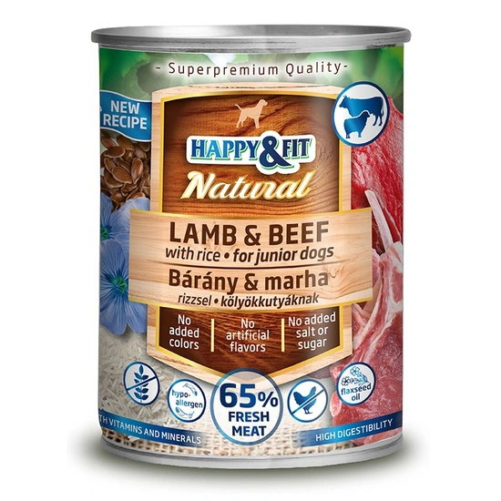 Happy&Fit Natural Dog Konzerv Junior Bárány&Marha Rizzsel&Lenmagolajjal 400g