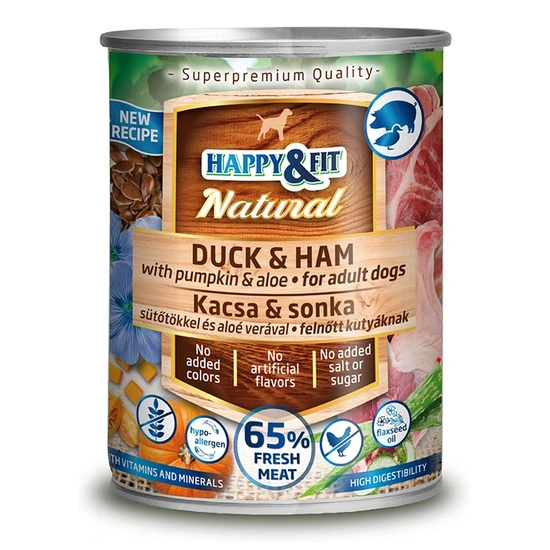 Happy&Fit Natural Dog Konzerv Kacsa&Sonka Sütőtökkel&Aloe Verával 400g
