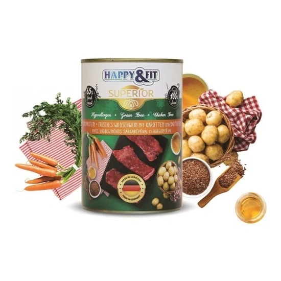 Happy&Fit Superior Dog Monoprotein konzerv friss vaddisznóhús sárgarépával, burgonyával 400g