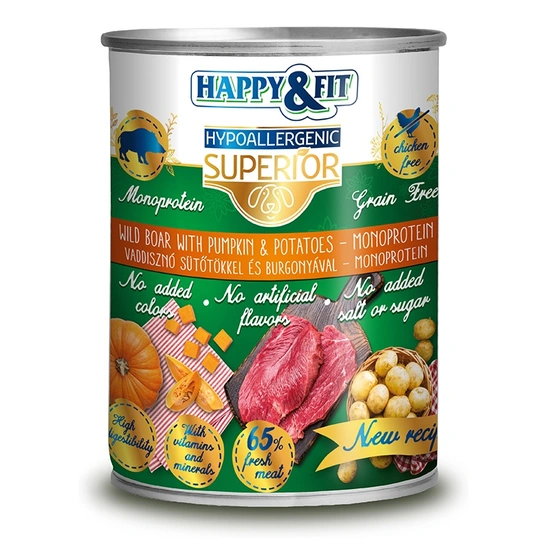Happy&Fit Superior Dog Monoprotein Konzerv Friss Vaddisznóhús sütőtökkel, burgonyával 400g