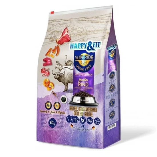 Happy&Fit Superior Hipoallergén, Gabonamentes Friss marha, strucc, vízibivaly, sütőtökkel 10kg