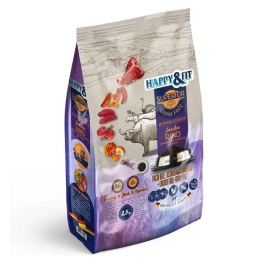 Happy&Fit Superior Hipoallergén, Gabonamentes Friss marha, strucc, vízibivaly, sütőtökkel 2,5kg
