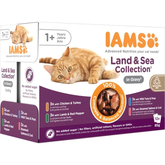 Iams Cat Delights alutasak Land & Sea in gravy Multipack, többféle íz, ízletes szószban 12x85g