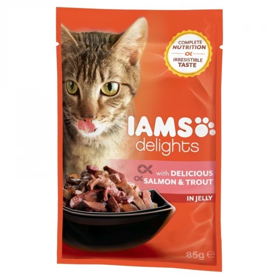 Iams Cat Delights Lazac És Pisztráng Aszpikban nedves macskatáp 85g