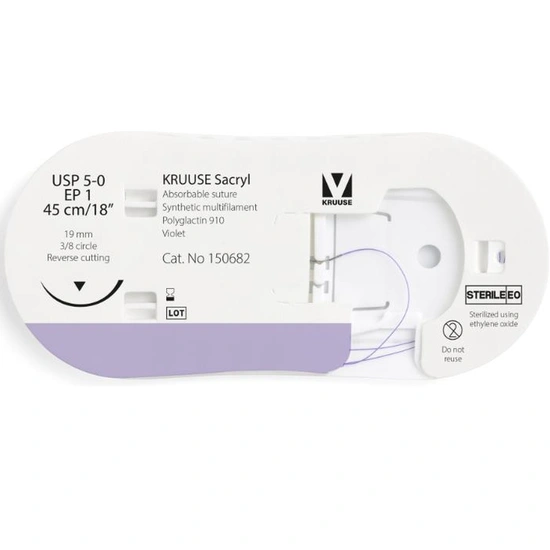 KRUUSE Sacryl varrat, USP 5-0/EP 1, 45 cm, lila, 19 mm-es tű, 3/8 kör, fordított vágású 1 db