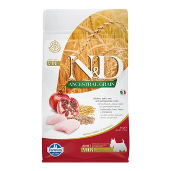 N&D Dog Ancestral Grain csirke, tönköly, zab & gránátalma adult mini 800g