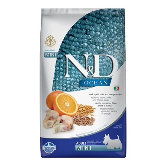 N&D Dog Ocean tőkehal, tönköly, zab & narancs adult mini 2,5kg