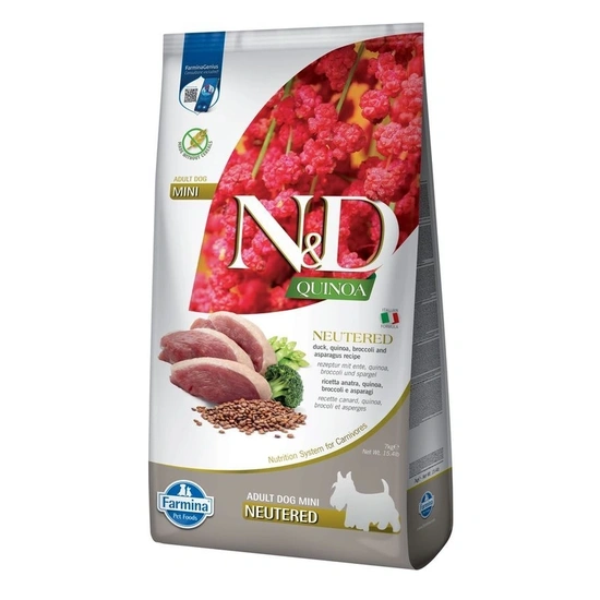 N&D Quinoa Dog Kacsa,brokkoli & spárga neutered adult mini 7kg