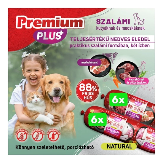 -Premium Plus+kutya, macska szalámi 88% hús marha,kacsahús+zöldségek 800g 2*6db BOX