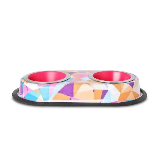 Raintech Rozsdamentes dupla etetőtál, színes, mintás, gumiperemes - felső 11,5cm/alsó 6,0cm, 2x0,2l