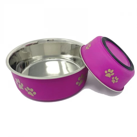 Raintech Rozsdamentes etetőtál, fukszia pink, műanyag bevonattal, gumi talppal - 13,5cm, 0,48l