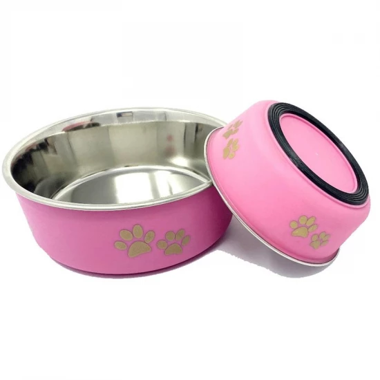Raintech Rozsdamentes etetőtál, pink, műanyag bevonattal, gumi talppal - 13,5cm, 0,48l