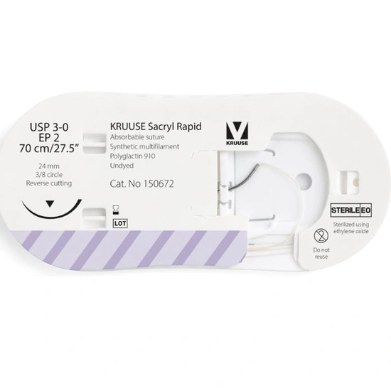 Sacryl Rapid Varrat, USP 3-0/EP 2, 70 cm, festetlen, 24 mm tű, 3/8 kör, fordított vágás 1 db