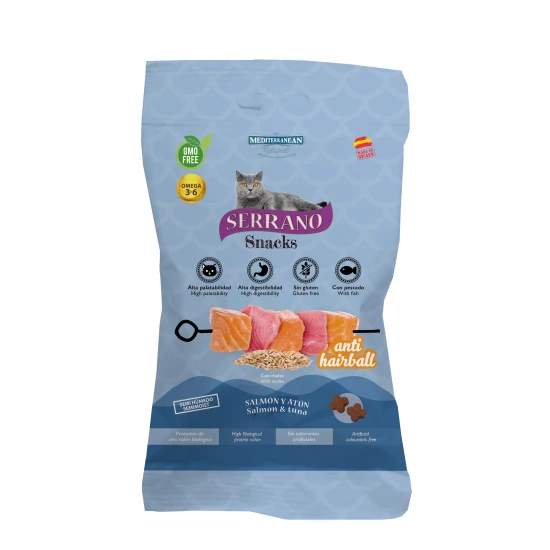 Serrano Snacks Macskáknak Anti Hairball szőrlabda ellen Lazaccal és Tonhallal 50g